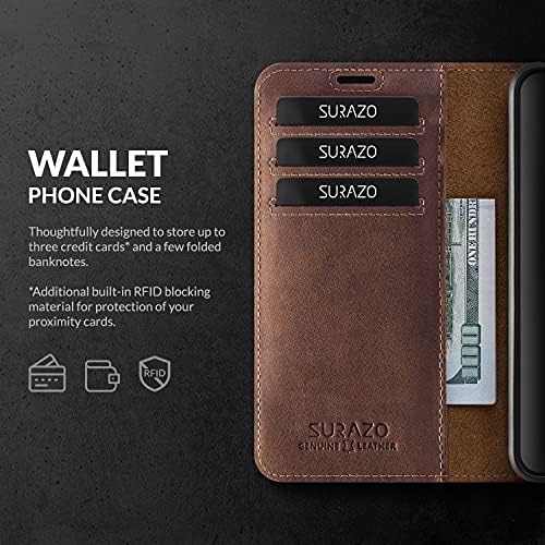 SURAZO iPhone 14 Esetben Pénztárca Bőr Eredeti - RFID-3 Kártya Slot & Cash Zseb - Secure Mágneses Bezárása Plusz Állvány