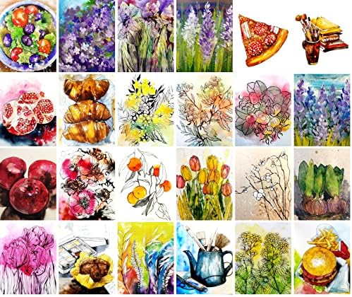 PIXILUV Régi Képeslapok (24 db 4x6 minden) Élelmiszer -, illetve Virágok Akvarell Vázlat Régi Képeslapok Illusztrációk