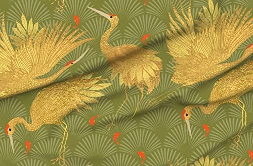 Spoonflower Szövet - Nagy Art Deco Arany Fű Hal, Zsálya, szecessziós Kagyló Japán Nyomtatott Organikus Pamut Félszatén