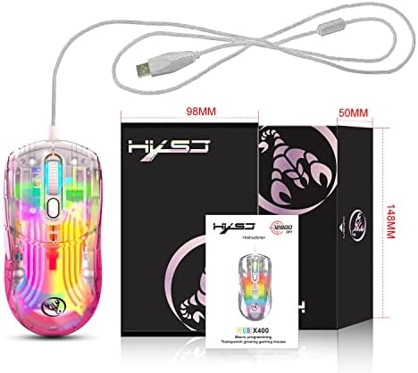 HXSJ Vezetékes PC Gaming Mouse Átlátszó Chroma 3D RGB Világítás,1,2800 Max DPI Nagy Pontosságú,Multi-Gomb Ergonomikus