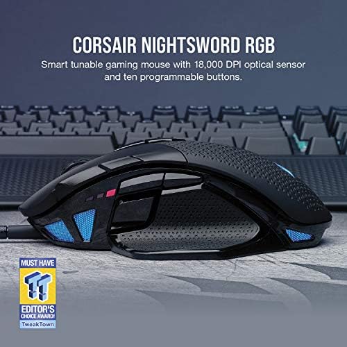 Corsair Nightsword RGB, Teljesítmény Hangolható FPS/MOBA Játék Egér, Fekete, RGB LED Háttérvilágítású, 18000 DPI, Optikai