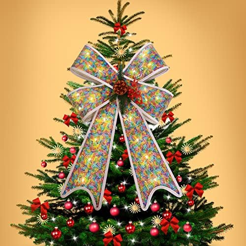 Karácsonyi Íj LED karácsonyfa Topper Íj, Időzítő Funkció PVC Kivilágított Íj Nagy Karácsonyi Koszorú Íj Flitterekkel,